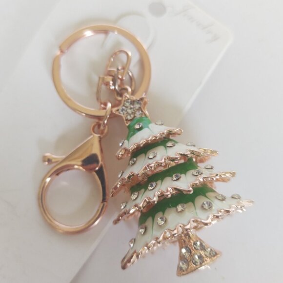 Rhinestone & Gold Tone Christmas Tree Key Chain Hand Painted 2" x 1 3/8" - Picture 1 of 10